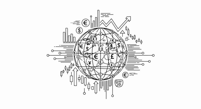 Global financial network with currency symbols and stock market charts