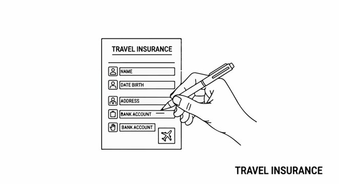 Hand fills out travel insurance form with name, date of birth, address and bank account details