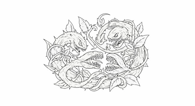 Four monstrous floral creatures entwined with thorny vines and leaves