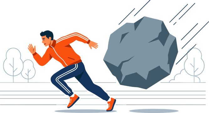 Man runs from large boulder rolling quickly down street with trees