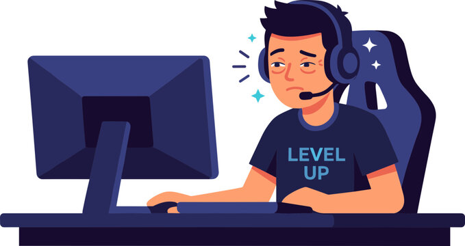 A gamer wearing a headset plays intently on a computer screen.