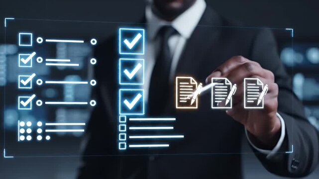 Businessman Checking Digital Checklist and Document Verification on Virtual Interface