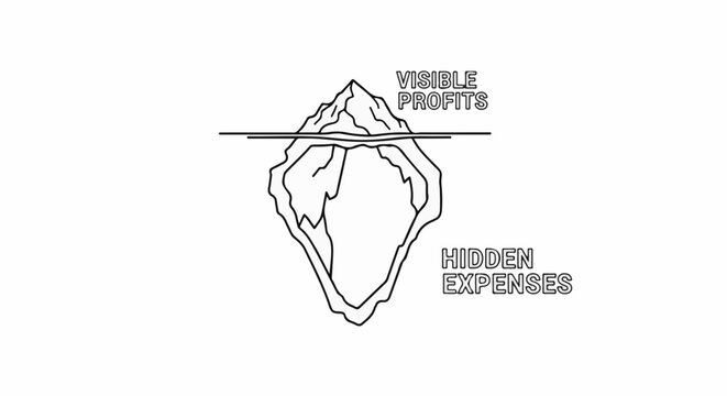 Iceberg illustrates visible profits above water and hidden expenses below