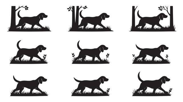 Hunting dog silhouette vector set, beagle hound walking in forest landscape, 9 black canine icons for outdoor sports and nature logos