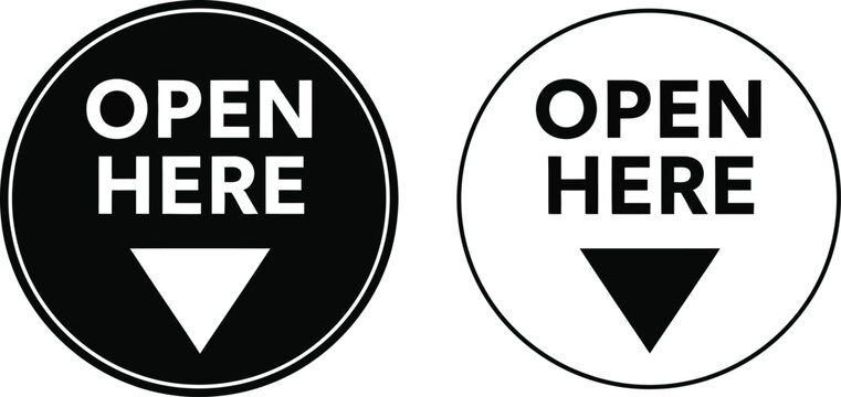 Open here labels with directional arrows appear in black and white circular frames.