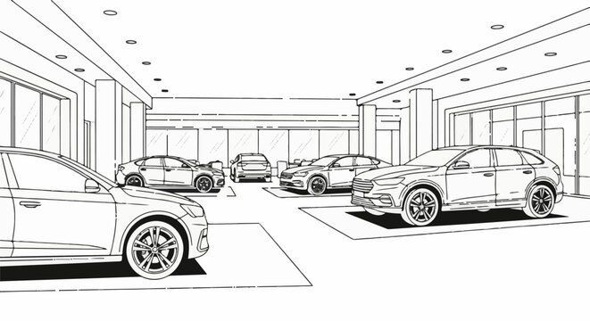 Interior view of a car showroom featuring multiple modern vehicles