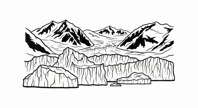 Jagged mountain peaks rise above a vast, broken glacier with floating icebergs