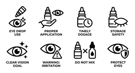 Fototapeta premium Eye drop application and safety icons with labels on transparent background for eye care.