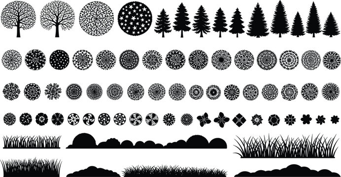 Collection of stylized plants, trees and grass silhouettes for landscape design and graphic illustration.