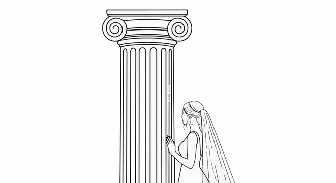 Line art of a column with a woman in profile