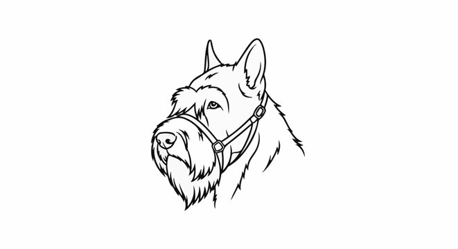 Line art portrait of a furry dog's head wearing a halter