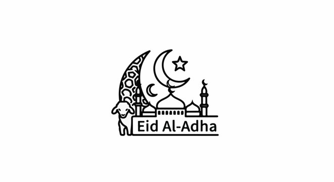 Line art shows a mosque, moon, star, crescent, and sheep for Eid Al-Adha