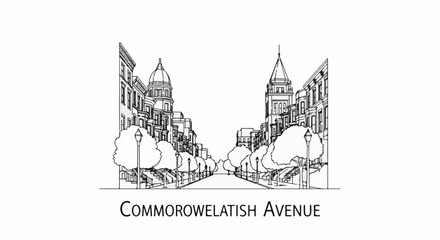 Obraz premium Line drawing of a broad avenue lined with trees and grand buildings