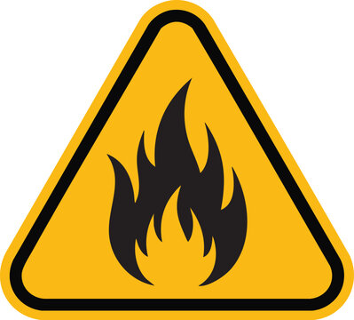 Yellow warning triangle with a black flame symbol representing fire hazard or danger isolated on white background