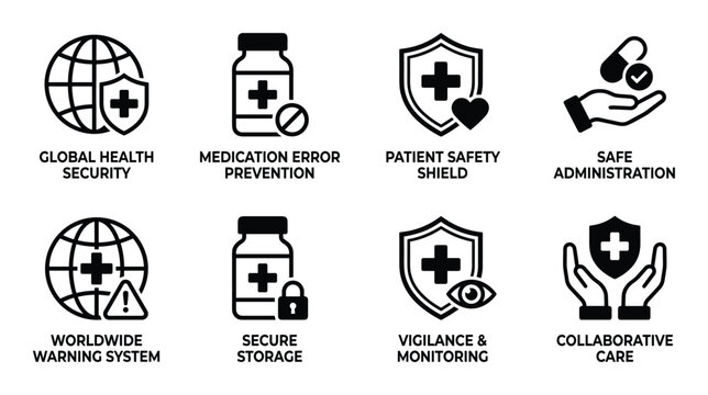 Global health security medication error prevention patient safety shield safe administration icons.