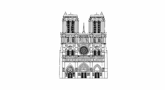 Line drawing of a grand cathedral facade with two towers and a rose window