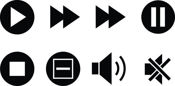 Collection of black media control icons including play, pause, stop, and volume buttons.
