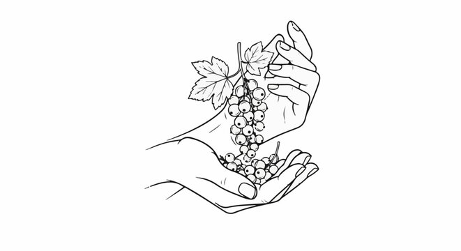Line art of cupped hands holding a bunch of berries and leaves