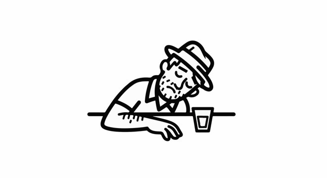 Man in hat asleep at bar with drink