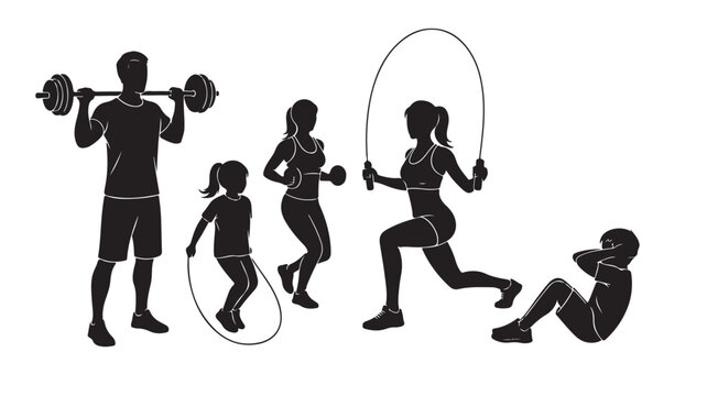 Fitness family silhouette vector set, active people exercising and weightlifting, healthy lifestyle workout collection with jumping rope and sit-ups