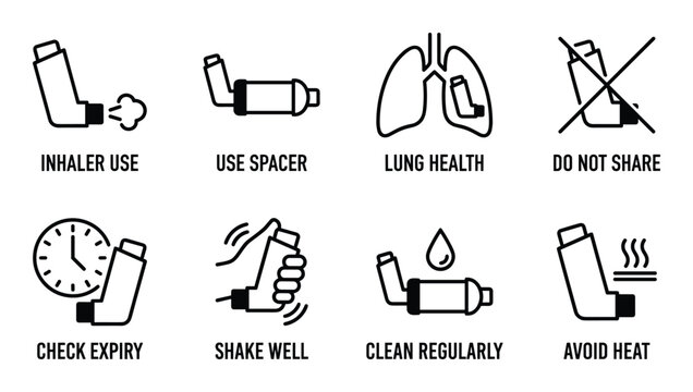 Inhaler use use spacer lung health do not share check expiry shake well clean regularly avoid heat icons set for asthma.
