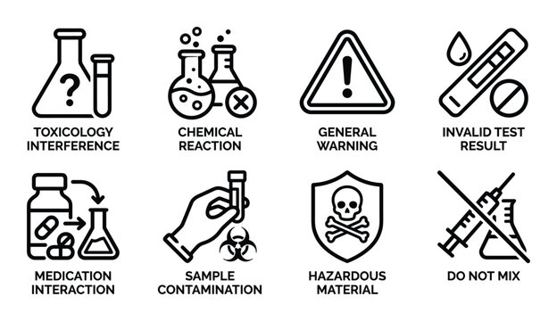Laboratory and chemical warning icons with labels on transparent background for research safety.