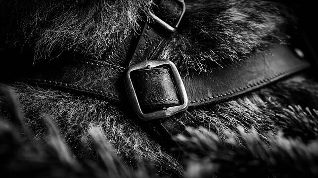 Rustic leather strap and metal buckle on thick fur in black and white