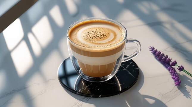 Layered latte coffee in double-walled glass on marble.