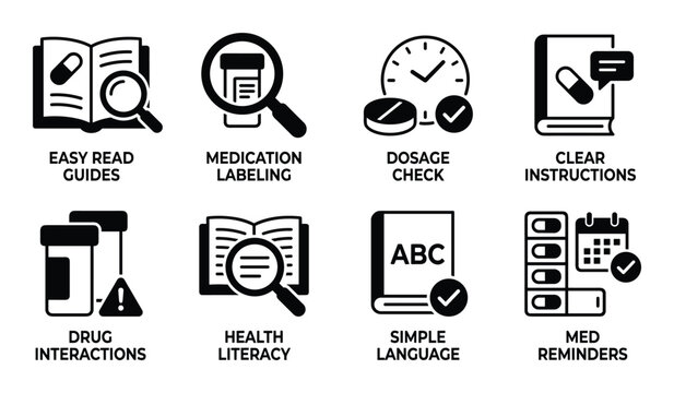 Medical icons for medication guidance including guides labeling dosage check and clear instructions on transparent.