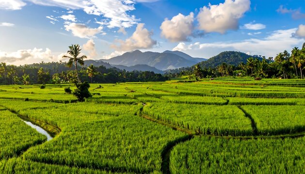 Lush green rice paddies stretch towards rolling hills under a partly cloudy sky. Palm trees dot the landscape