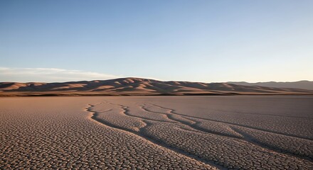 Fototapeta premium Cracked Arid Desert Floor and Rolling Hills Under a Clear Sunset Sky