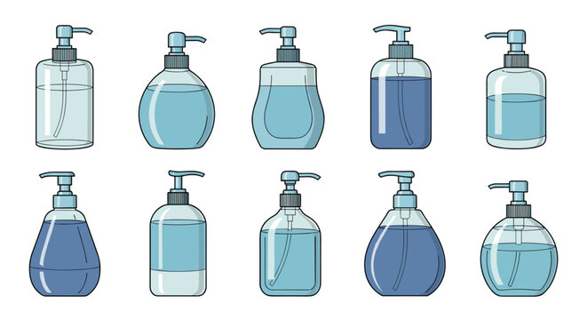 Extensive collection of blue hand sanitizer and liquid soap pump bottles in various shapes for daily hygiene and medical use.