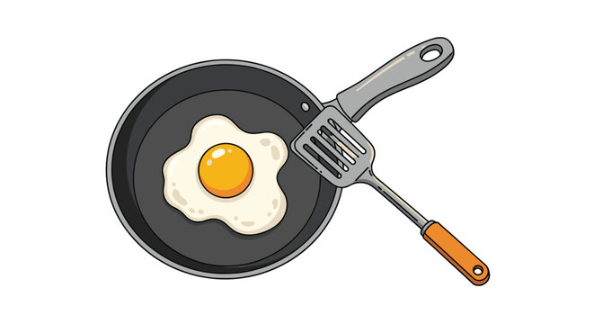 Close up illustration of a perfectly cooked sunny side up fried egg in a black frying pan being lifted by a metal spatula with a wooden handle.
