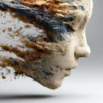 Human Face Disintegrating into Sand and Particles Side Profile