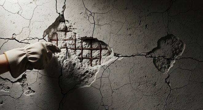 Gloved hand inspecting structural damage on a cracked concrete wall with rebar