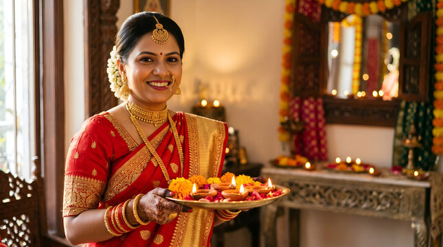 Calm morning rays Deepawali pooja with diya