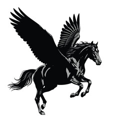 Fototapeta premium Black Pegasus Horse Silhouette Running.