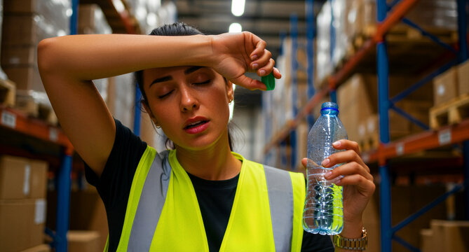 Exhausted warehouse worker wipes sweat while holding water. Tired female employee in safety vest takes a break. Industrial health and hydration concept for labor safety marketing.