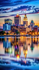 Naklejka premium A photo of Syracuse skyline with city lights reflecting on the water at twilight