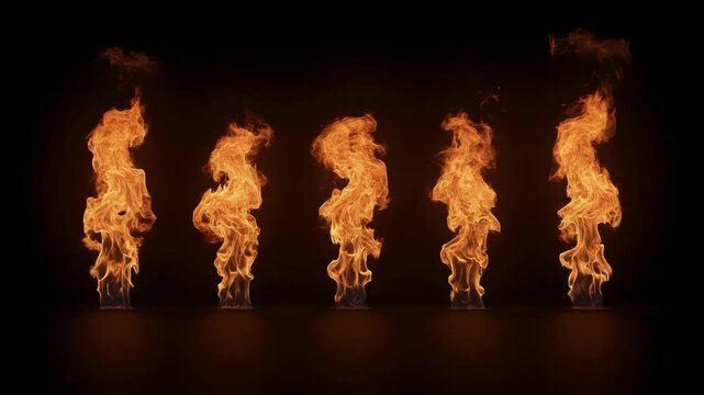 Mesmerizing sequence of five intense flames flickering and dancing individually in stunning 4K video