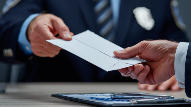 Businessman handing an envelope to a police officer, symbolizing bribery, corruption, illegal payment, or confidential document exchange in a dark setting