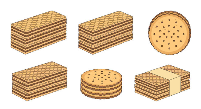 Assorted chocolate wafer cookies and round biscuits are depicted in a charming pixel art style on a plain white background.