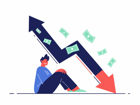 A person sits beneath a graph depicting financial growth and decline symbolizing market volatility