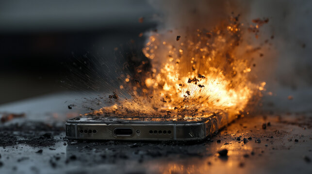 Smartphone battery explosion with flames and sparks, illustrating electronic fire hazard, overheating, and dangerous technology failure.