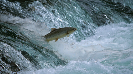 Fototapeta premium Salmon swimming against a powerful waterfall current in a wild river, capturing strength, survival instinct, and natural wildlife migration