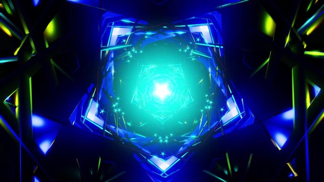 Electric blue hexagonal tunnel spirals into a bright cyan core