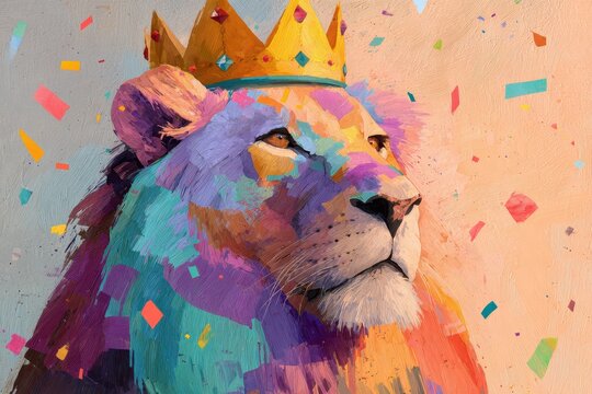 Colorful crowned lion: abstract digital painting with bold rainbow tones and painterly textures