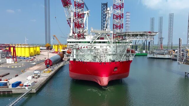 Rotterdam, Netherlands. Drone flight over industrial area with cargo ports, containers and a semi-submersible ship, heavy lifting crane. Machines designed for work at sea