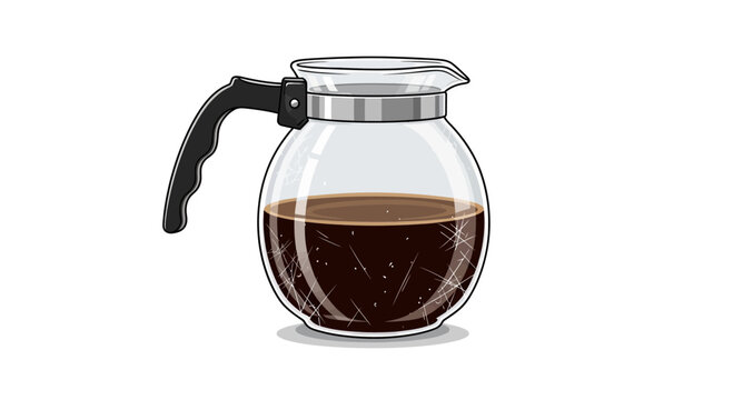 Glass coffee pot filled with dark coffee, isolated on white background.