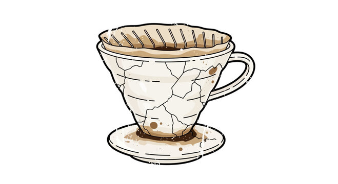 Hand-drawn illustration of pour-over coffee maker with coffee and filter